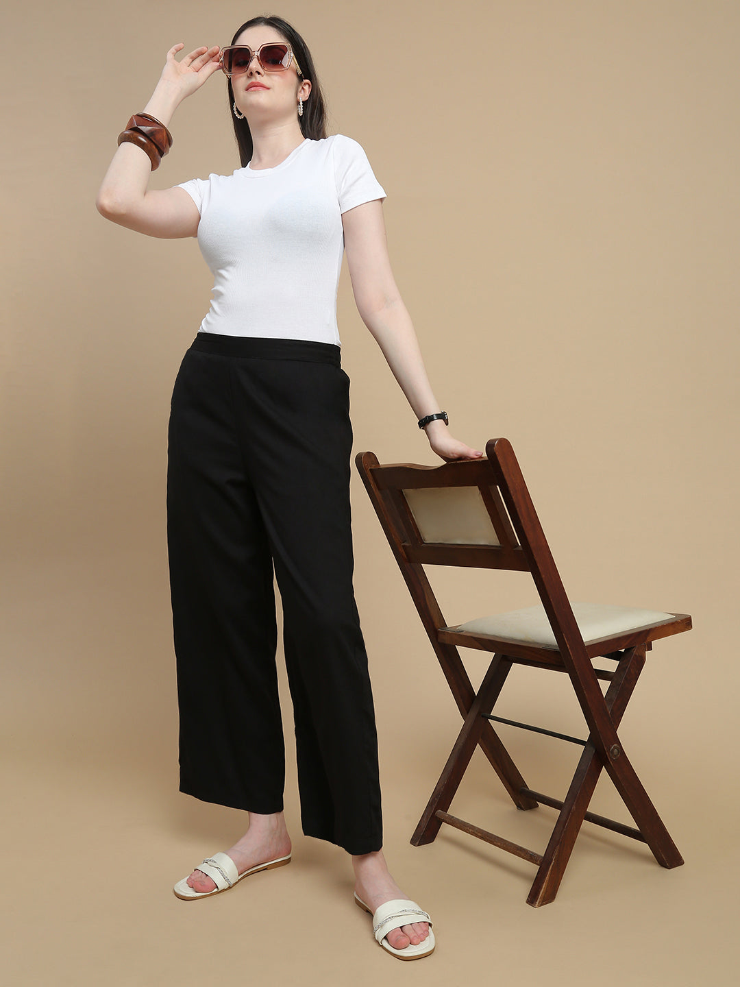 De Moza Women Viscose  Palazzo Pant with Functional Pockets Black - De Moza