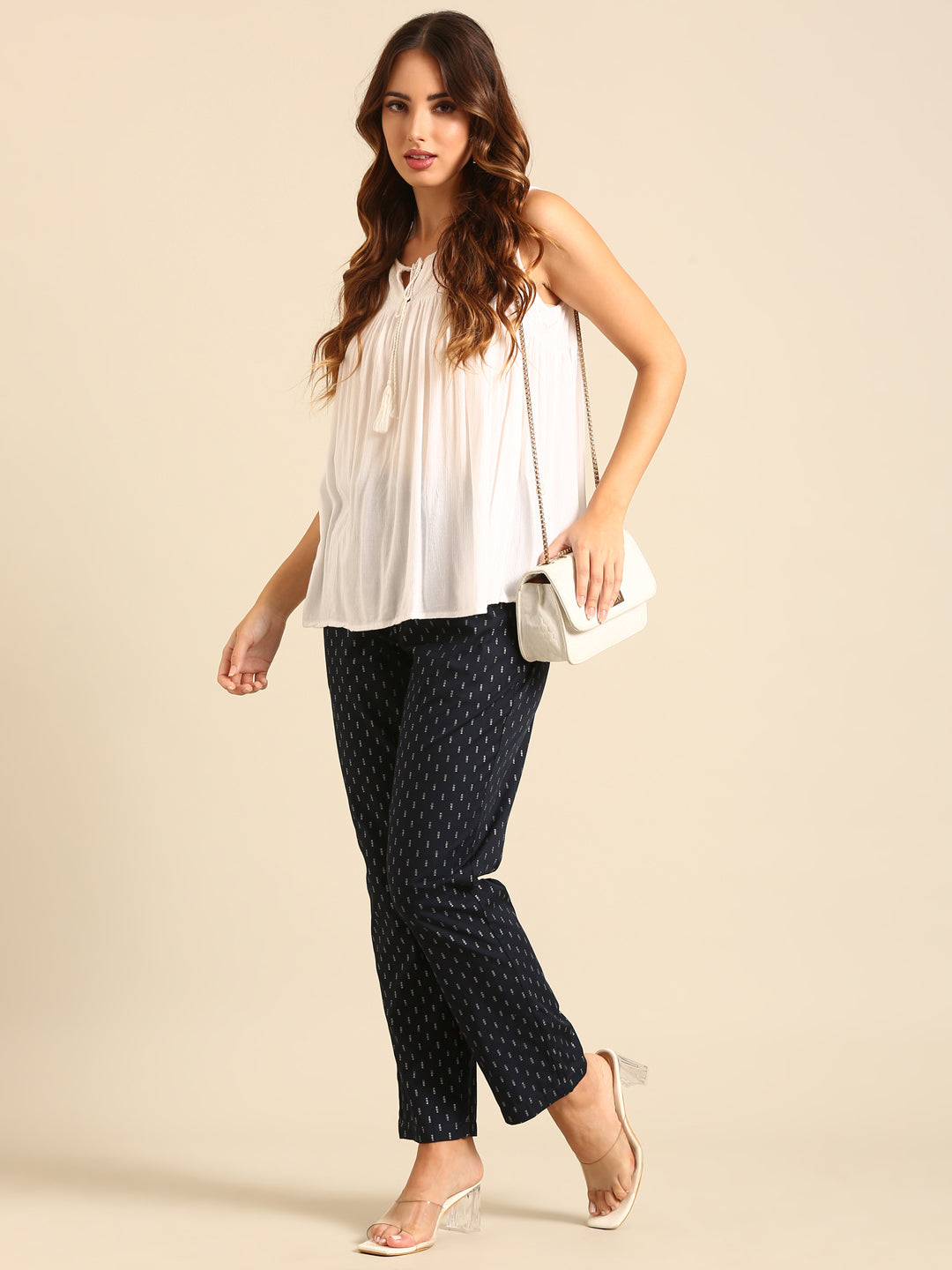 Straight Pant All Over Print-Navy - De Moza