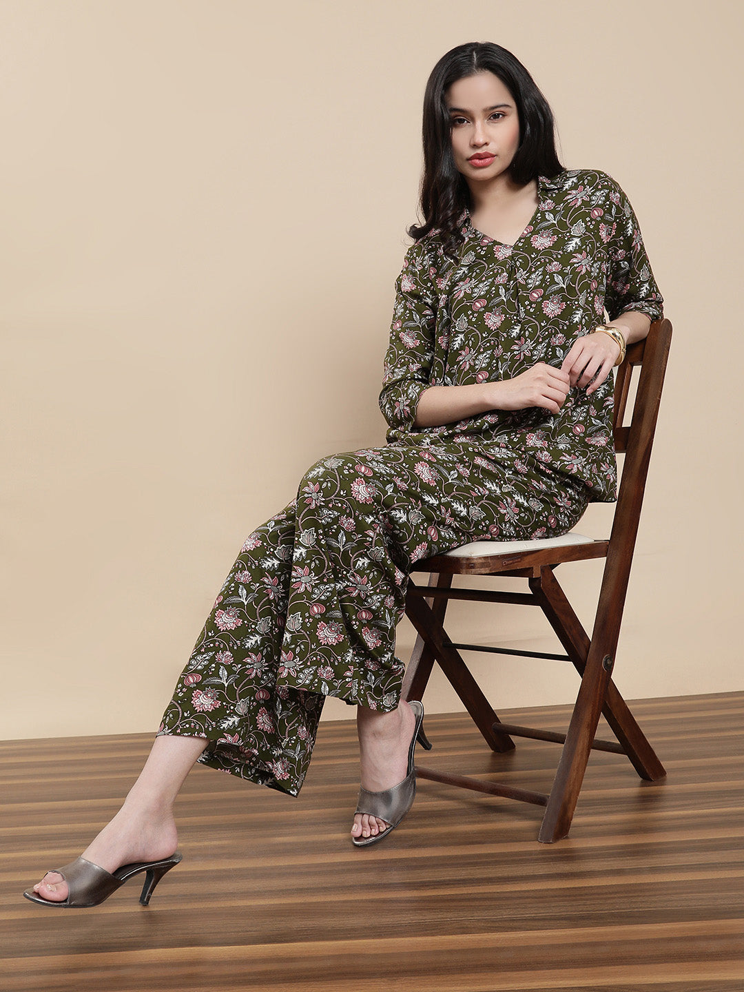 De Moza Women Co-ords with Pack of Top & Palazzo Deep Green