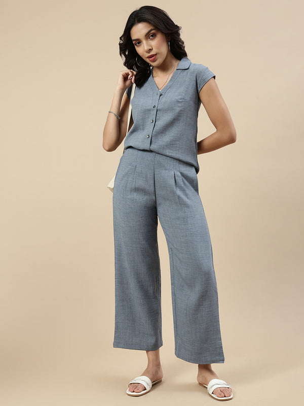 Co-Ord Set(Casual Top & Narrow Palazzo)-Indigo - De Moza