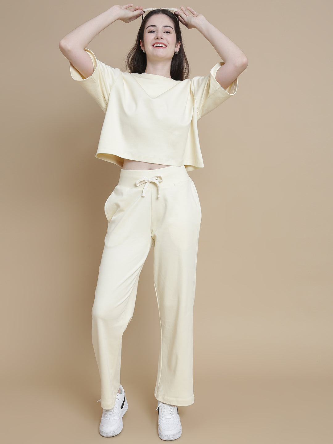 De Moza Women Knitted Cotton Crop Boxy Fit T-shirt Ecru - De Moza