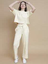 De Moza Women Knitted Cotton Crop Boxy Fit T-shirt Ecru - De Moza