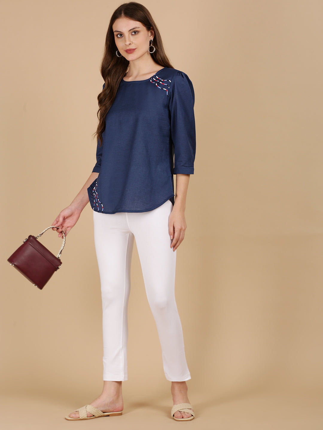 De Moza Women Woven Rayon Regular Fit Top Navy