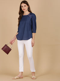 De Moza Women Woven Rayon Regular Fit Top Navy