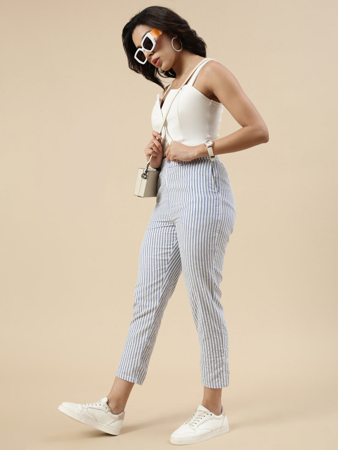 Stripped Cigarette Pants-Blue