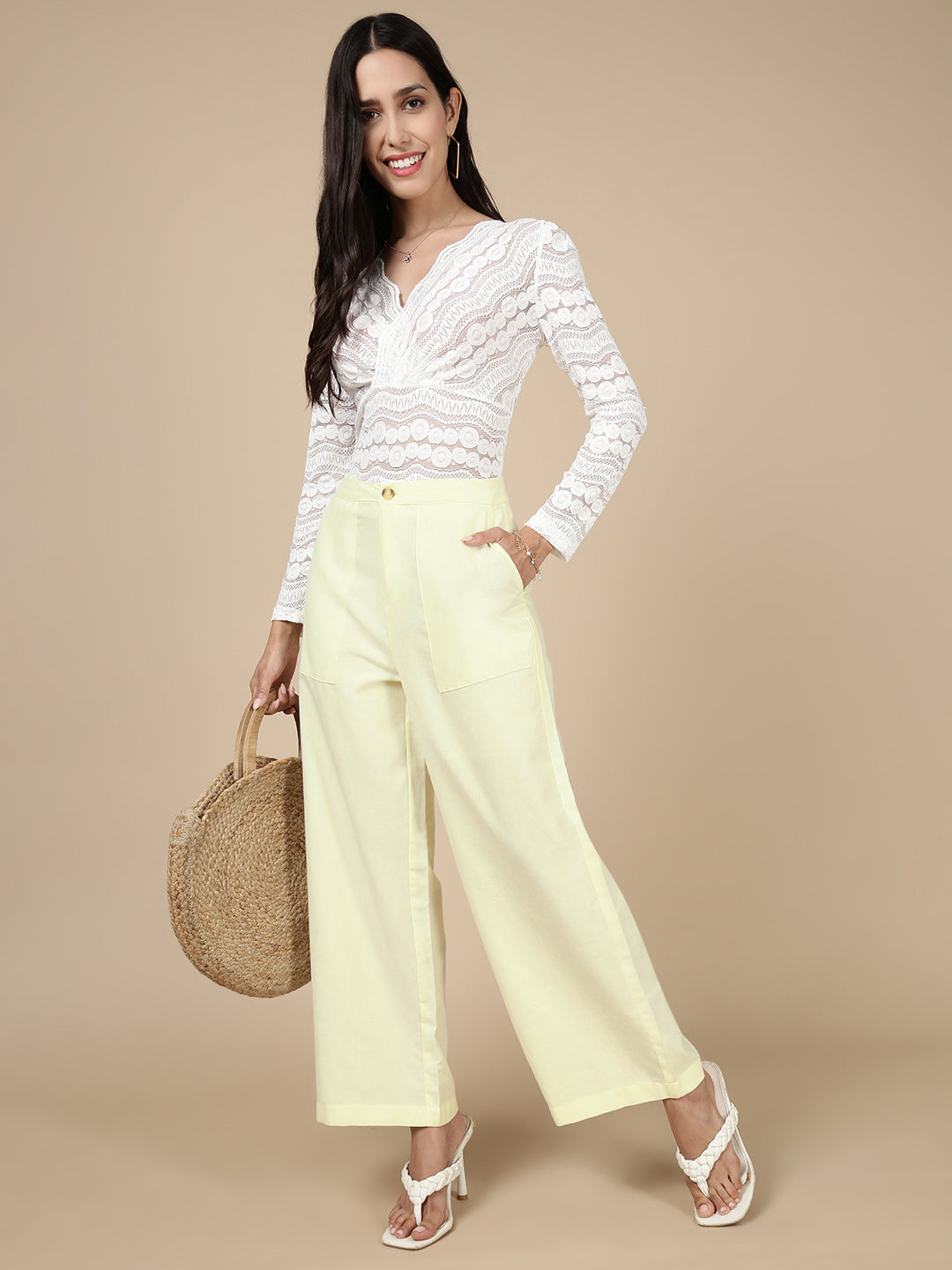 Wide Leg Bell Bottom Pant-Light Yellow