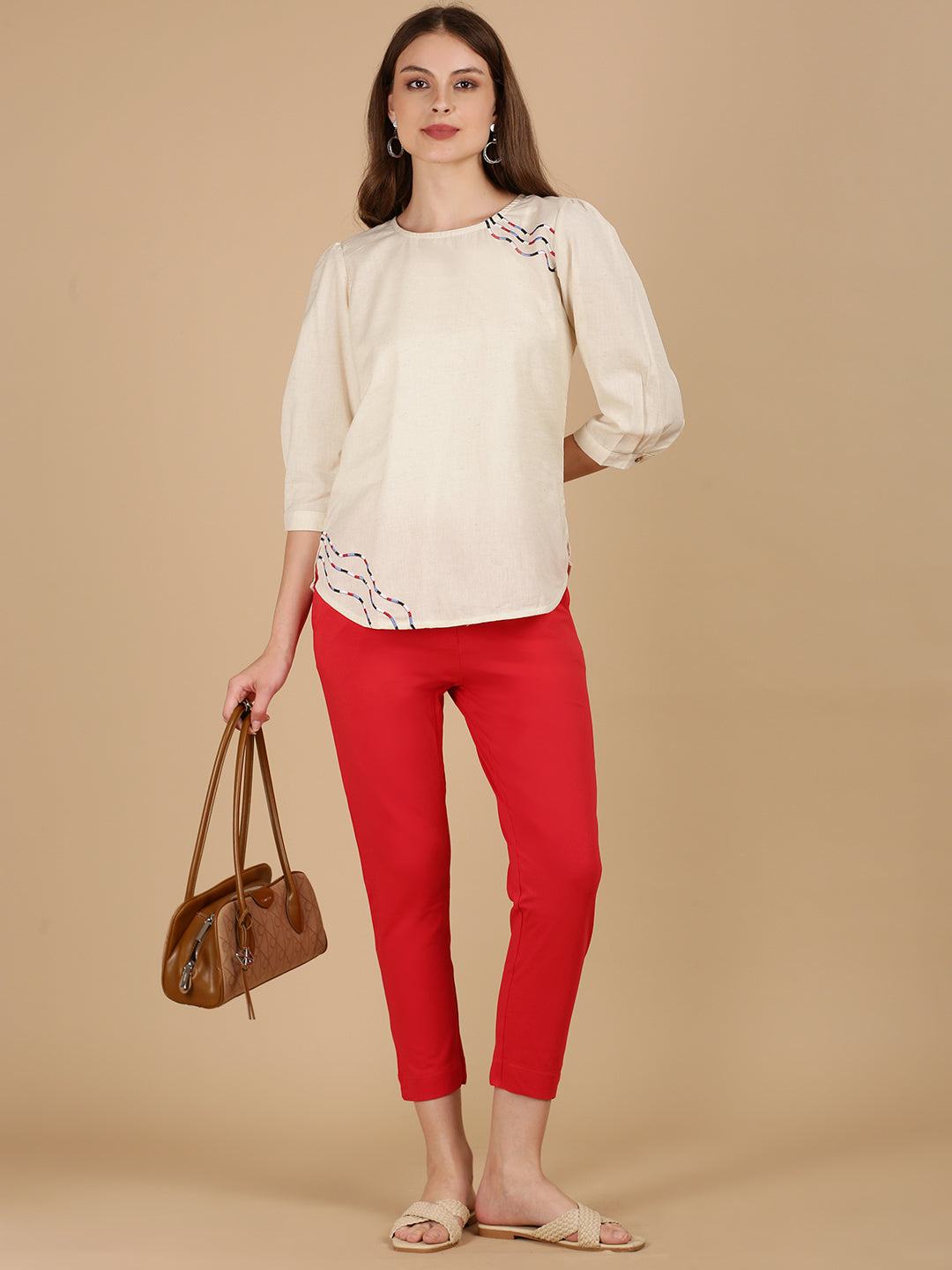 De Moza Women Woven Rayon Regular Fit Top Natural