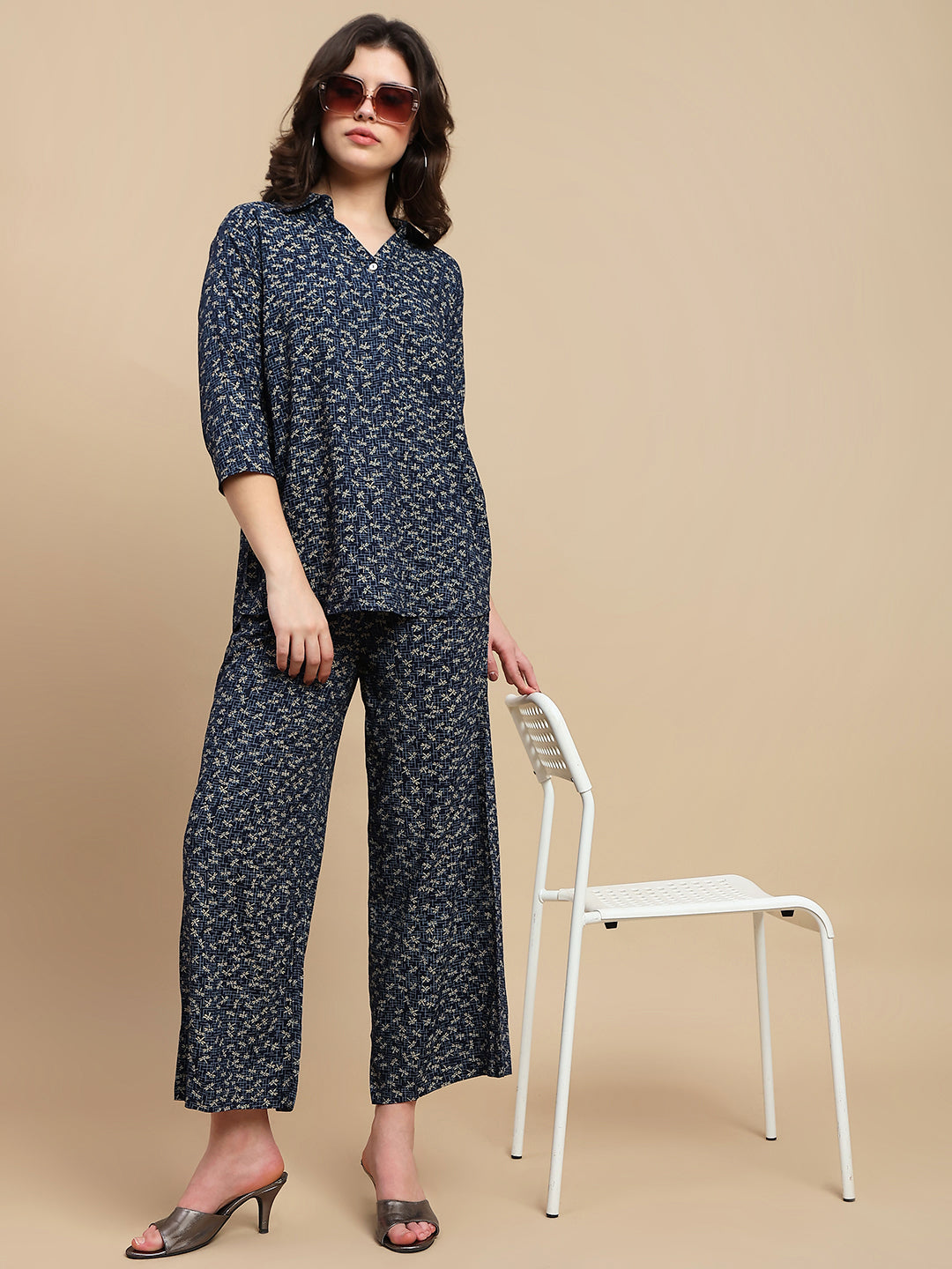 De Moza Women The Jiya Set (Top & Palazzo) - Navy Blue