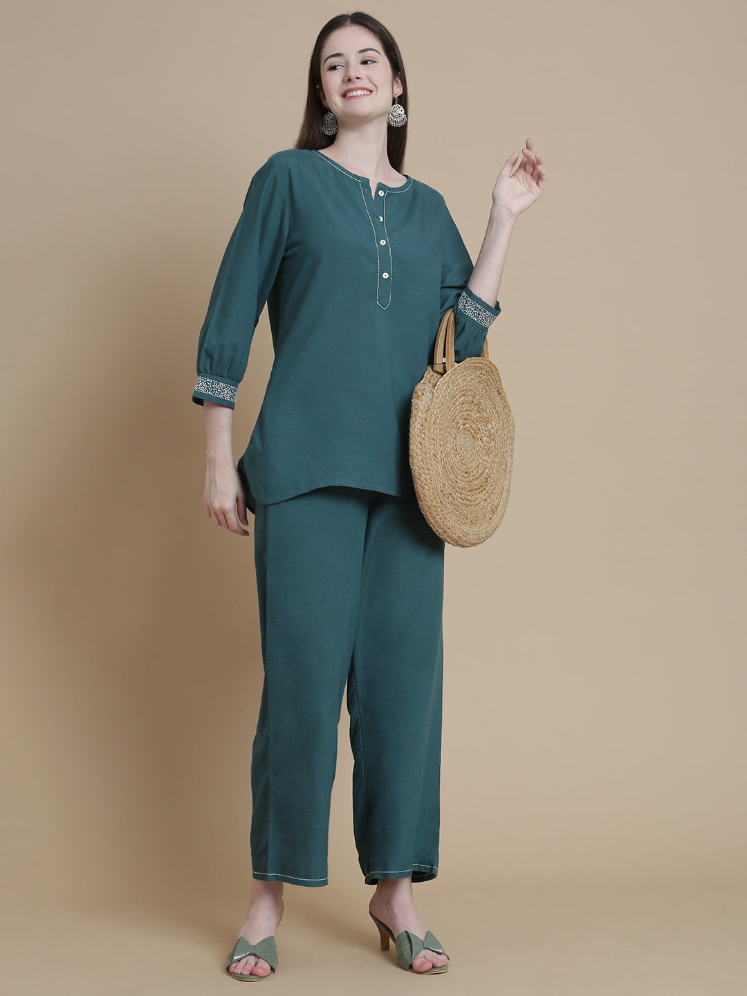 De Moza Women Woven Rayon Kurti Teal - De Moza