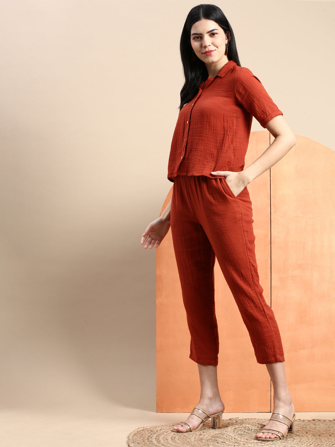 De Moza Women Straight Pants in Rust Orange