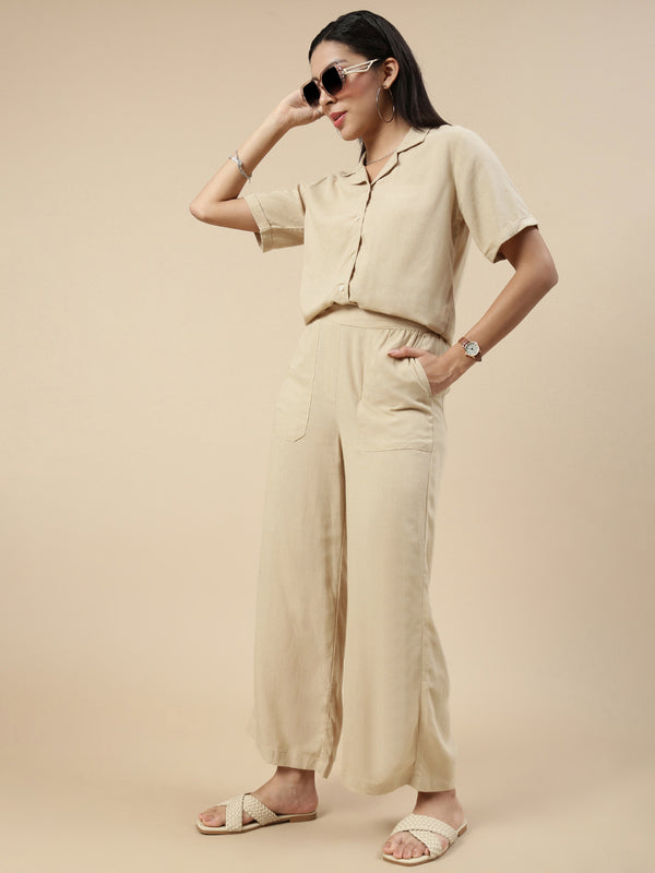 Co-Ord Set(Casual Top & Carpenter Pant)-Light Beige - De Moza