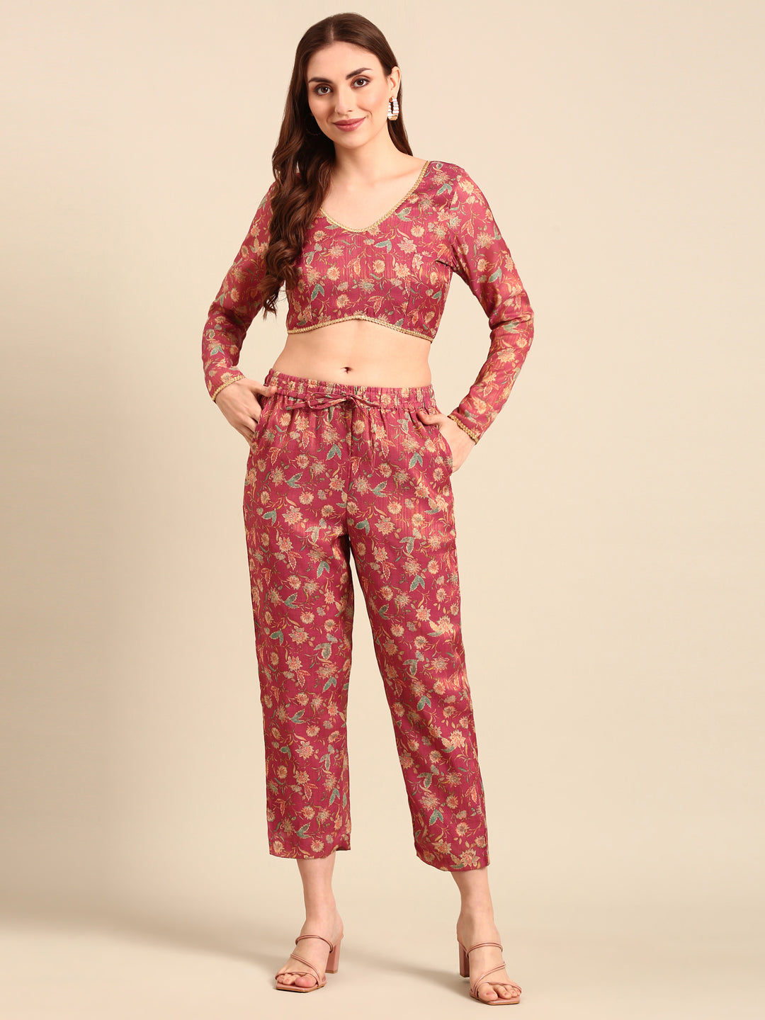 Straight Pant All Over Print-Dark Pink - De Moza