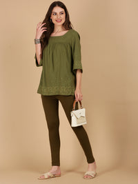 De Moza Women Knitted Cotton Stretch Skinny Fit Kurti Pant with Drawstring and Pocket Olive Green - De Moza