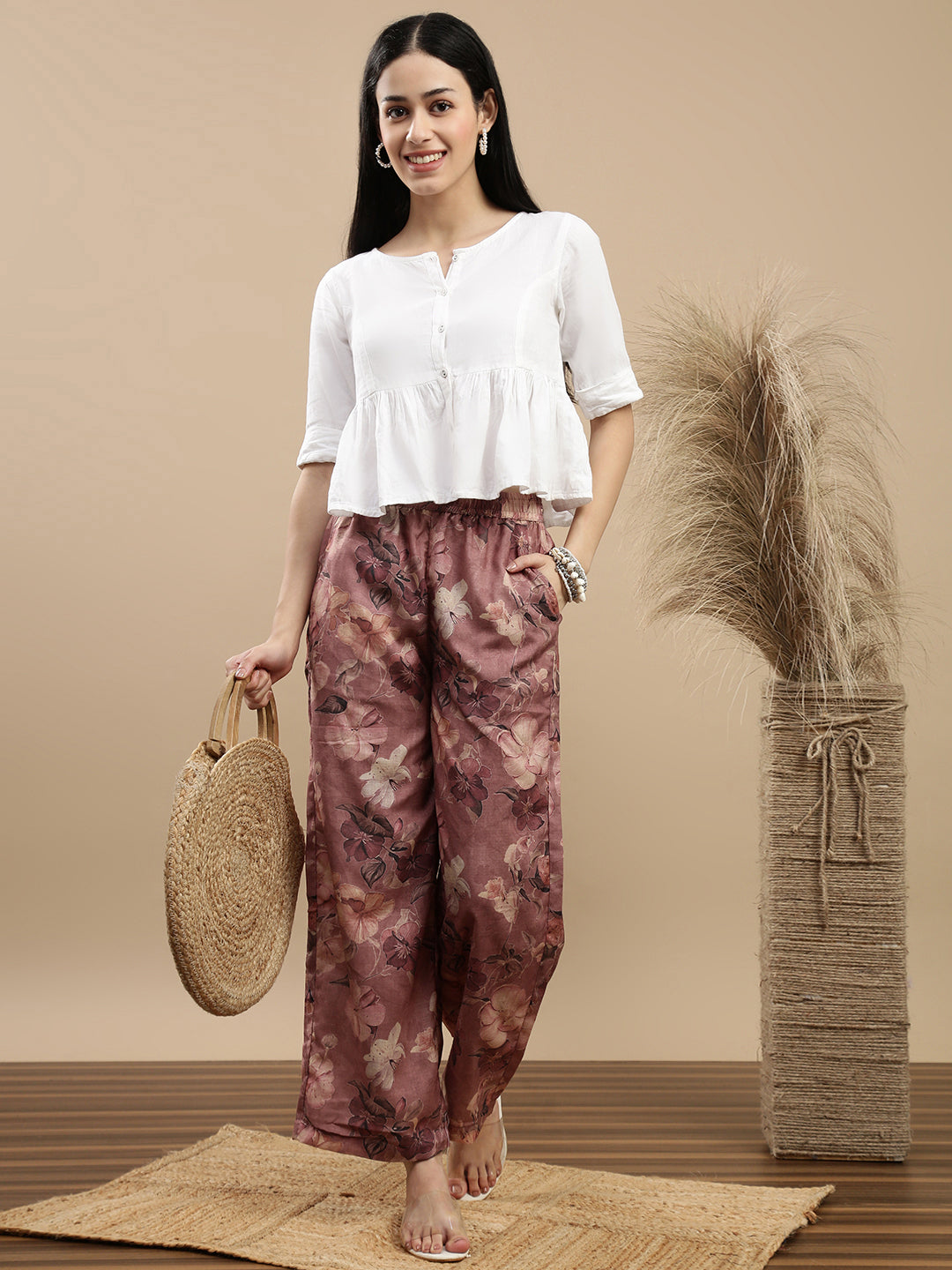 De Moza Women Casual Palazzo Dark Coral