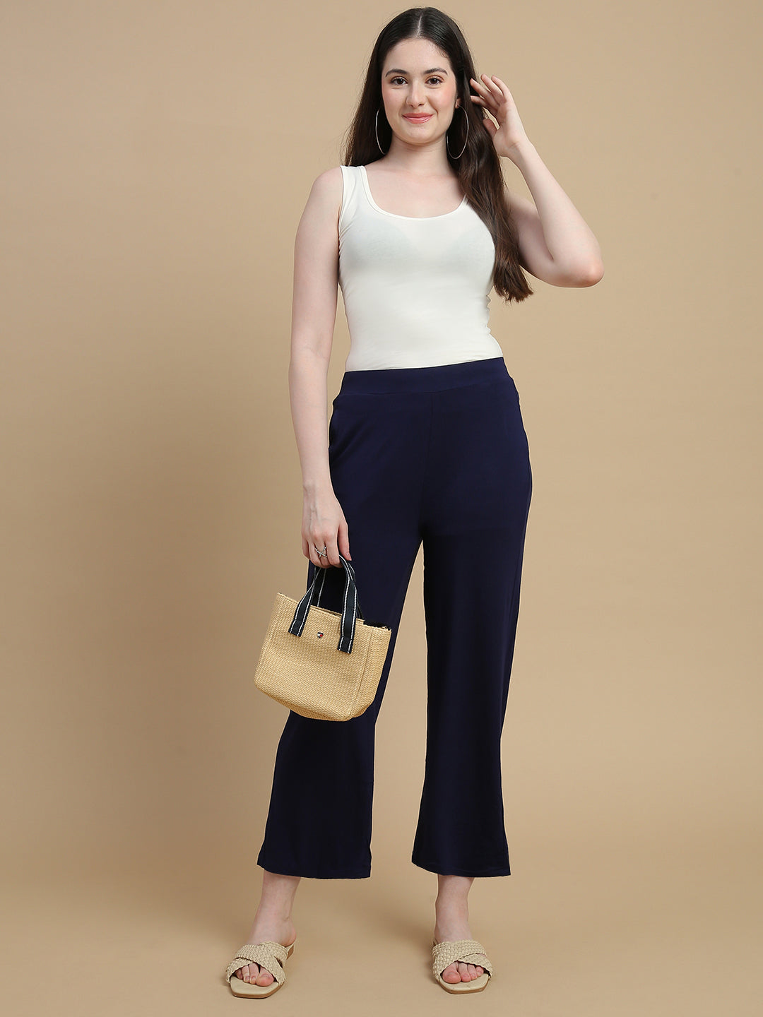 De Moza Women Knitted Viscose Stretch Slim Fit Palazzo Pant with Functional Pocket Dark Navy - De Moza