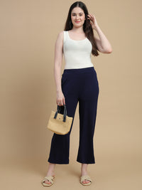 De Moza Women Knitted Viscose Stretch Slim Fit Palazzo Pant with Functional Pocket Dark Navy - De Moza