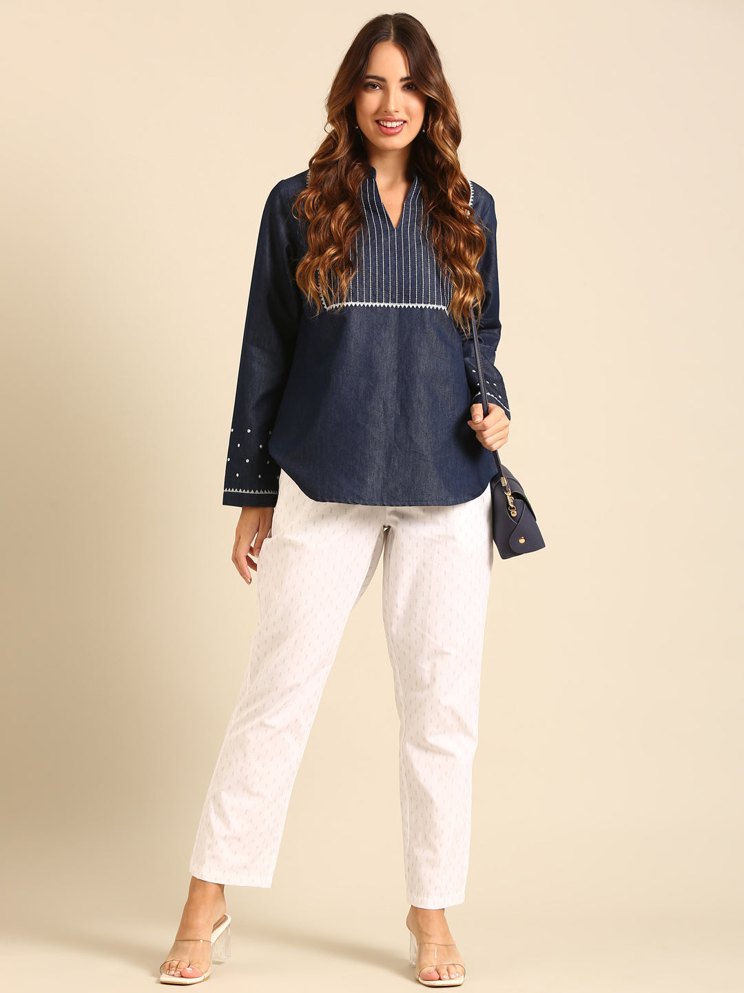 Straight Pant All Over Print-White - De Moza