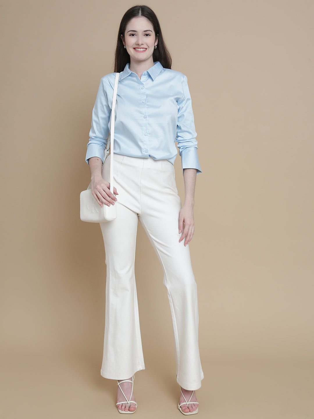 De Moza Women Woven Formal Viscose Satin Shirt Powder Blue - De Moza