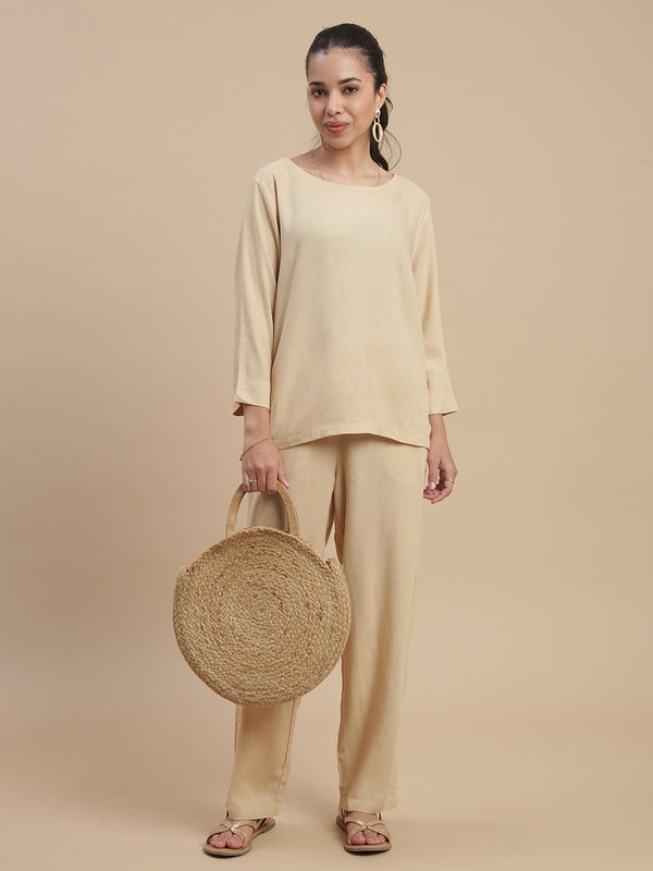 De Moza Women's Officewear Co-ords (Straight Pant & Tunic Top) Light Beige - De Moza