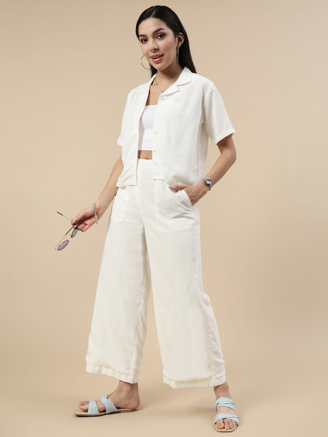 Co-Ord Set(Casual Top & Carpenter Pant)-Offwhite