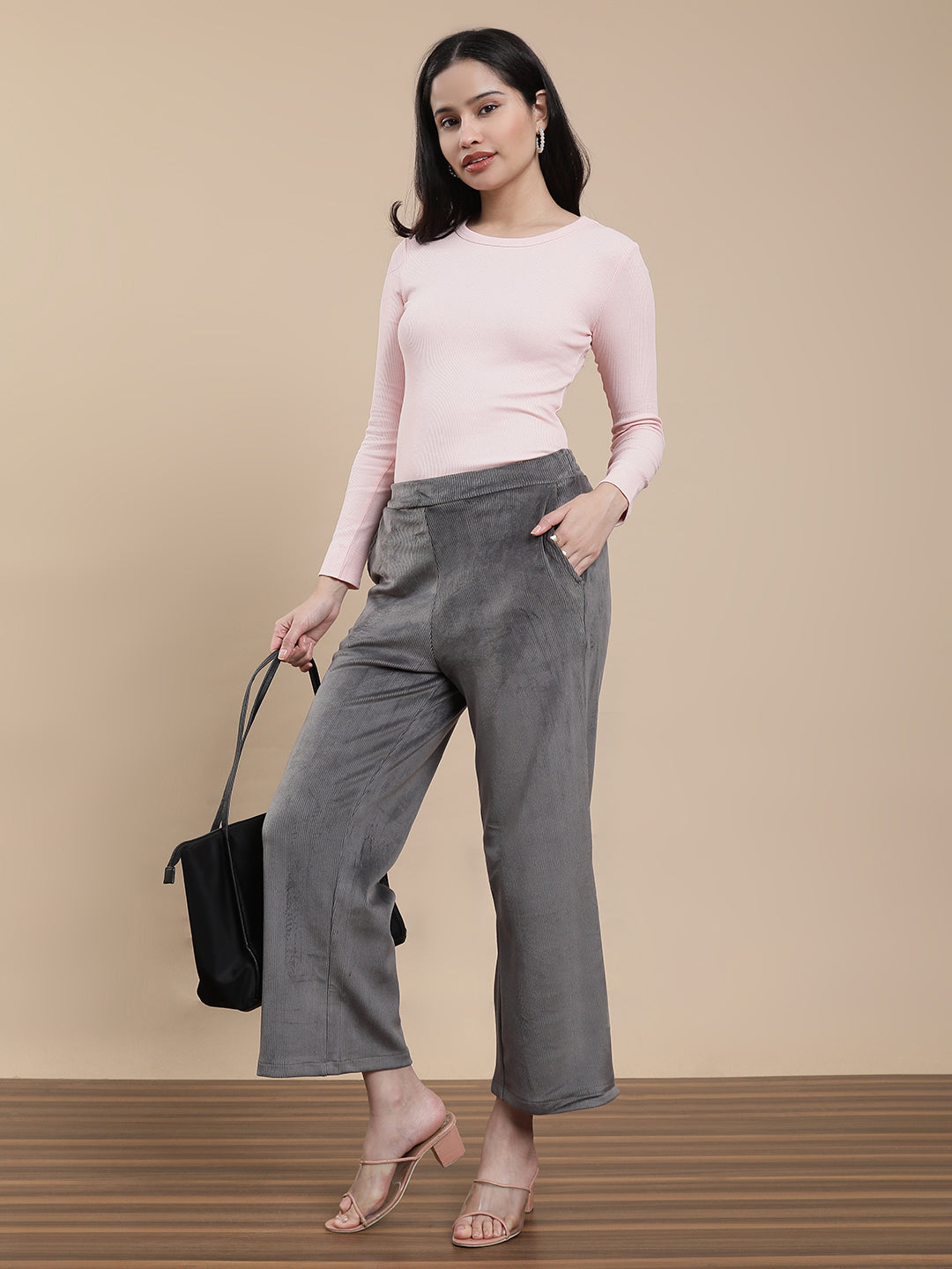 De Moza Women Casual Palazzo silver grey