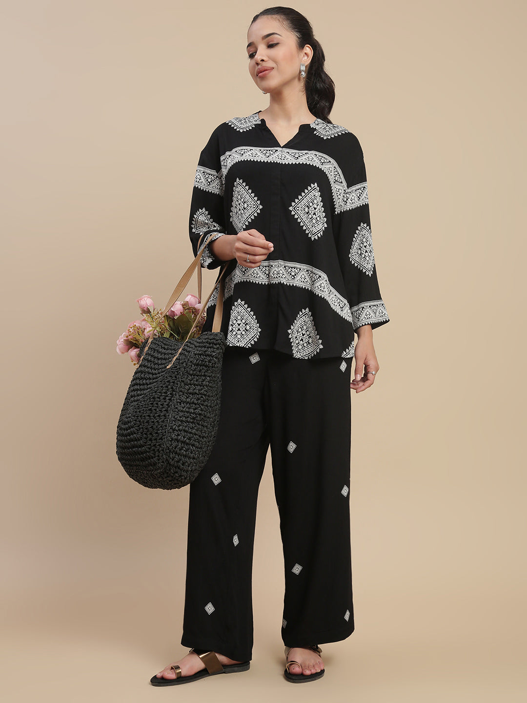 De Moza Women's Officewear Co-ords (Shirt & Straight Palazzo) Black - De Moza