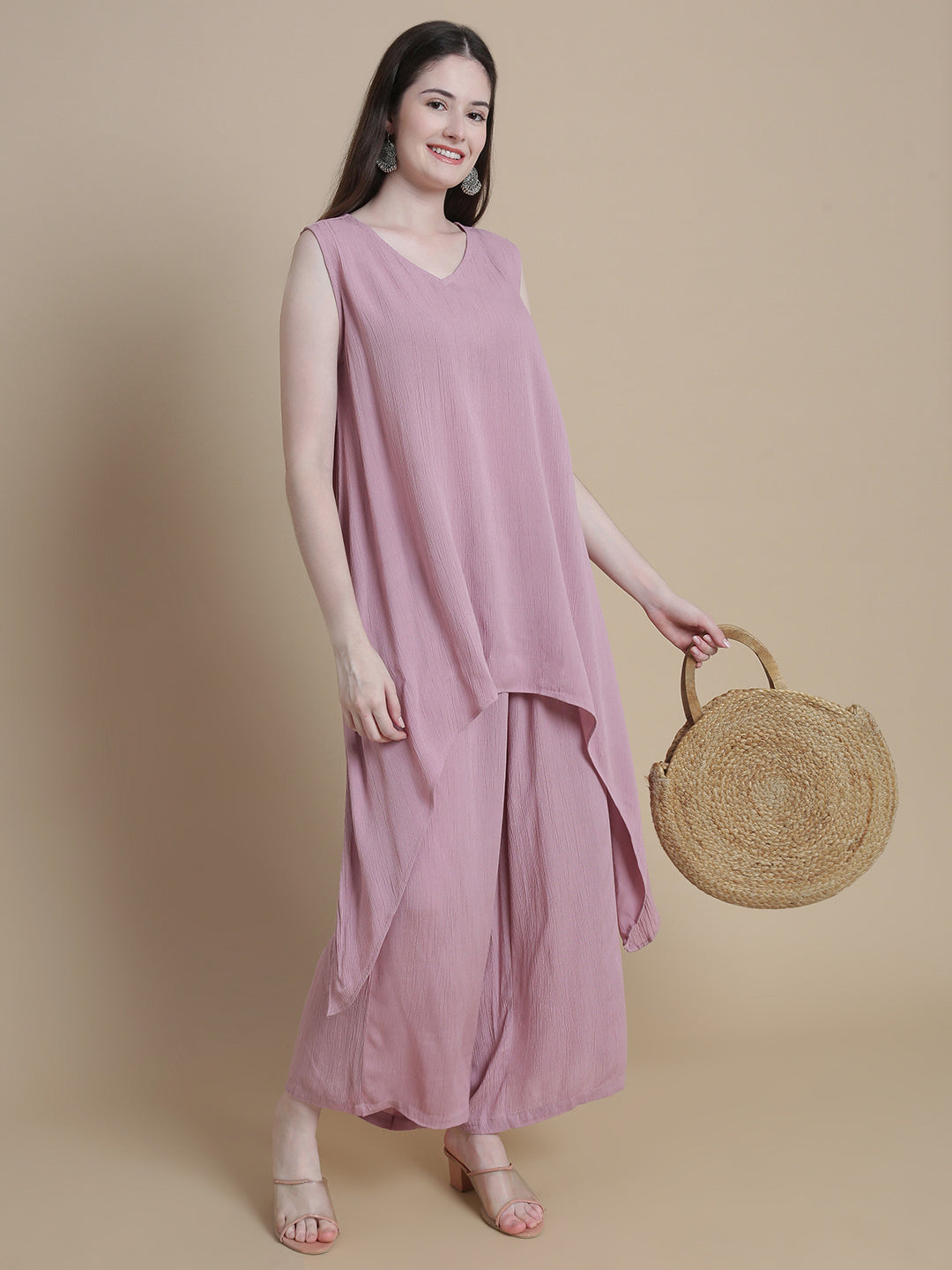 De Moza Women Woven Rayon Straight Palazzo with Functional Pockets Light Pink - De Moza