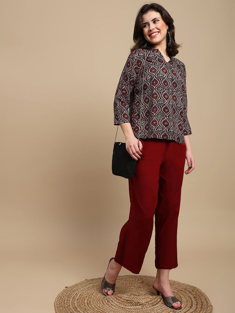De Moza Women Gulnar Set (Top & Palazzo) - Maroon - De Moza