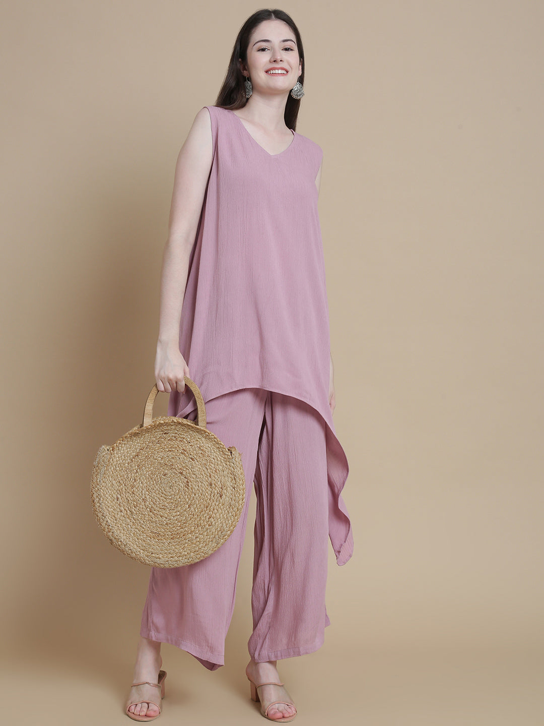 De Moza Women Woven Rayon Hi-Twist Top Light Pink - De Moza