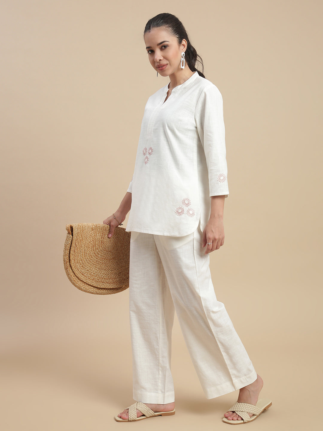 De Moza Women's Officewear Co-ords (Short Kurta & Straight Pant) Offwhite - De Moza