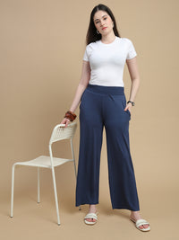 De Moza Women Knitted Viscose Stretch Regular Fit Flared Pant with Functional Pockets Navy Blue - De Moza