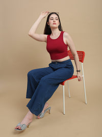 De Moza Women Knitted Cotton Rib Fitted Sleeveless Top with Round Neck Burgundy - De Moza