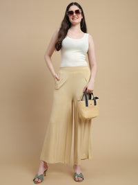 De Moza Women Knitted Viscose Stretch Large Pleated Palazzo Pant with Functional Pockets Light Beige - De Moza