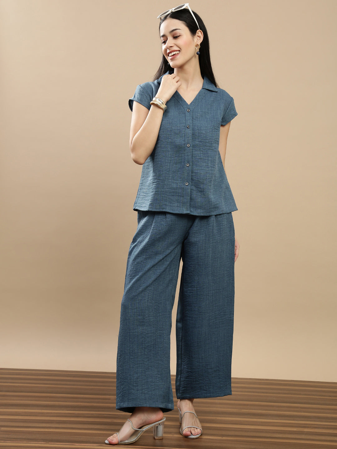 De Moza Women Casual Palazzo Teal Blue