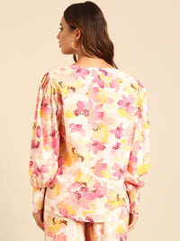 Co-Ord Set Floral Print (Casual Top & Palazzo)-Pink - De Moza