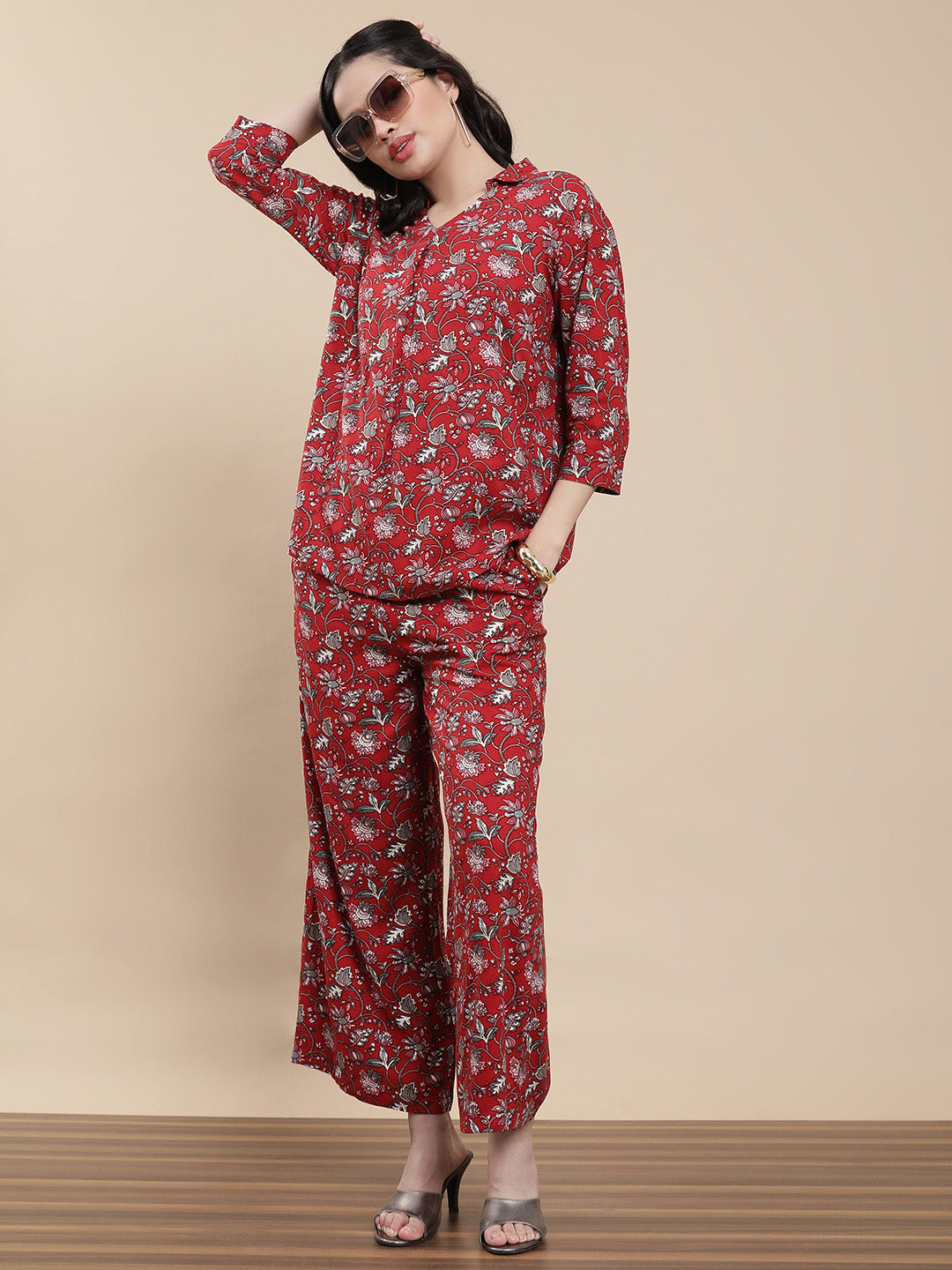 De Moza Women Co-ords with Pack of Top & Palazzo Maroon