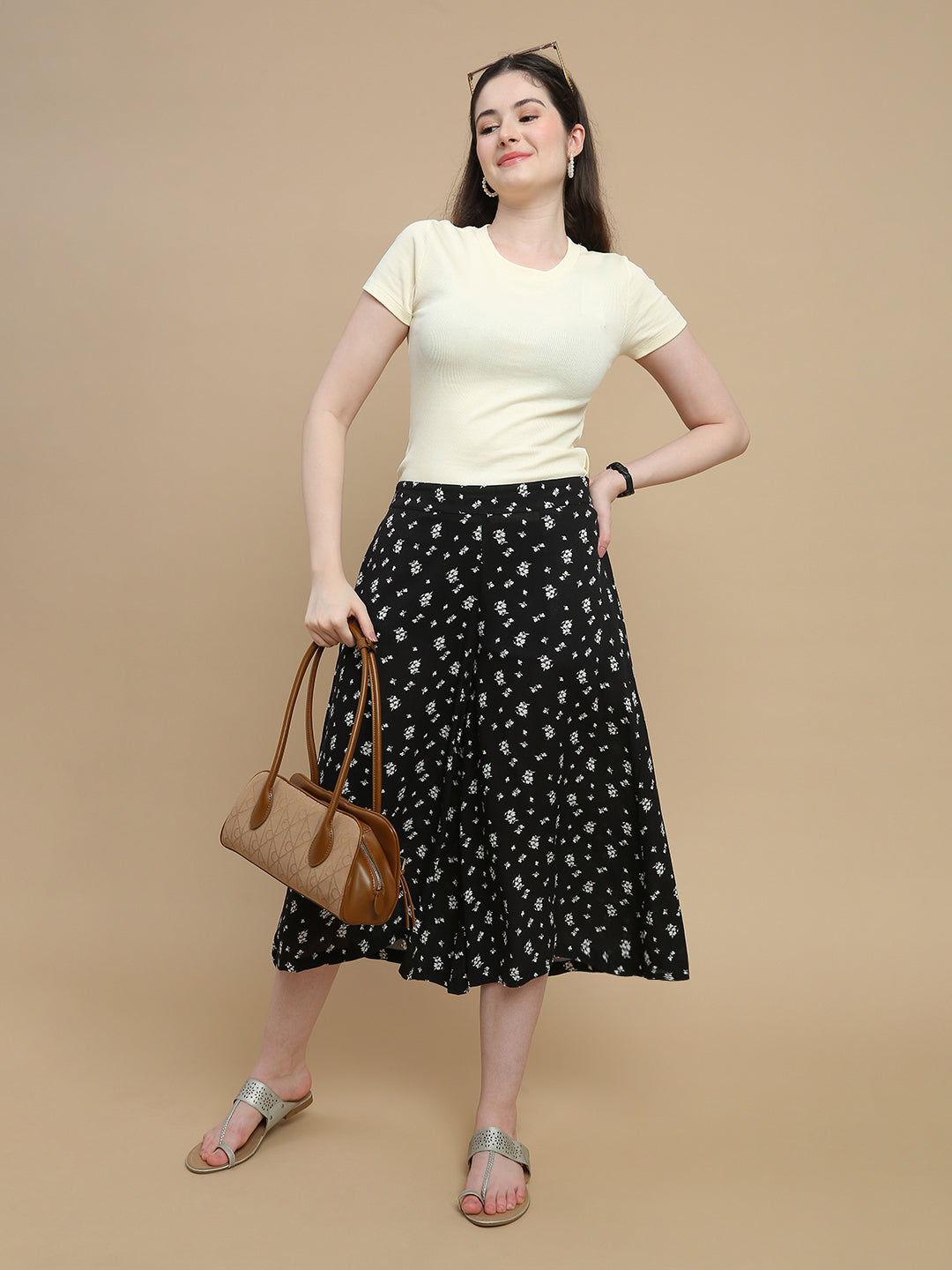 De Moza Women Woven Rayon High Twist Loose Fit Printed Culottes with Functional Pockets Black - De Moza