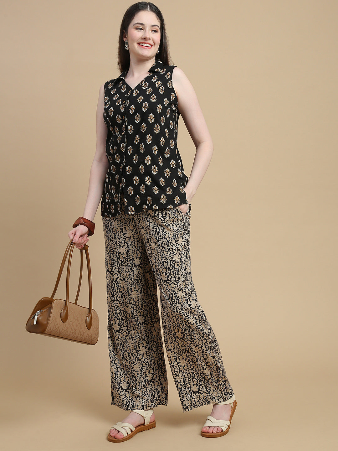 De Moza Women Woven Rayon Regular Fit Printed Straight Palazzo Pant with Functional Pockets Black - De Moza