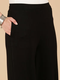 De Moza Women Knitted Viscose loosed Fit Palazzo with Functional Pockets Black