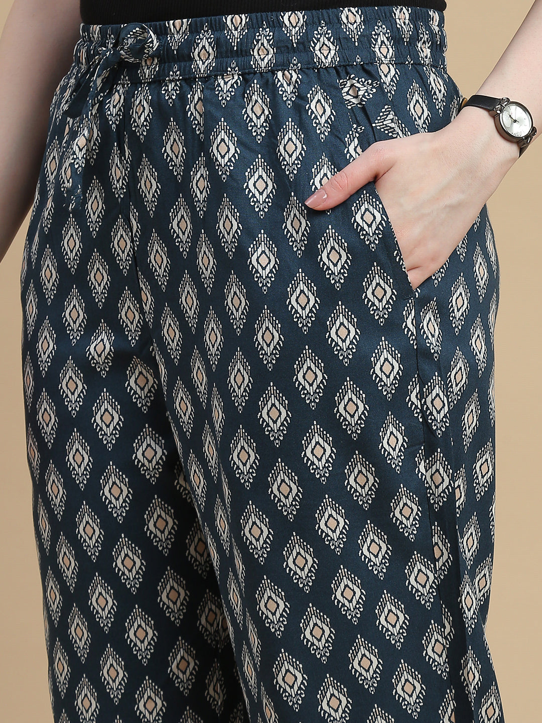 De Moza Women Woven Rayon Straight Fit Printed Pant with Functional Pockets Dark Teal - De Moza