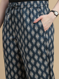 De Moza Women Woven Rayon Straight Fit Printed Pant with Functional Pockets Dark Teal - De Moza