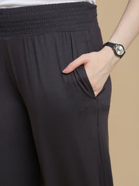De Moza Women Knitted Viscose Stretch Regular Fit Flared Pant with Functional Pockets Dark Grey - De Moza