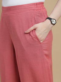 De Moza Women Woven Viscose Flex Regular Fit Schiffly Narrow Palazzo Pant with Functional Pockets Peach - De Moza