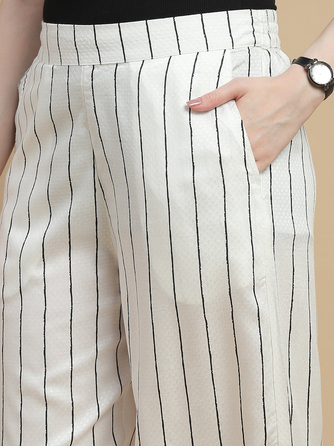 De Moza Women Woven Rayon Dobby Loose Fit Printed Straight Palazzo Pant with Functional Pockets Offwhite - De Moza