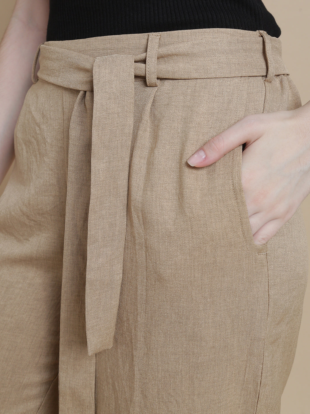 De Moza Women Woven Polyester Work wear Casual Pant with Functional Pockets Beige - De Moza