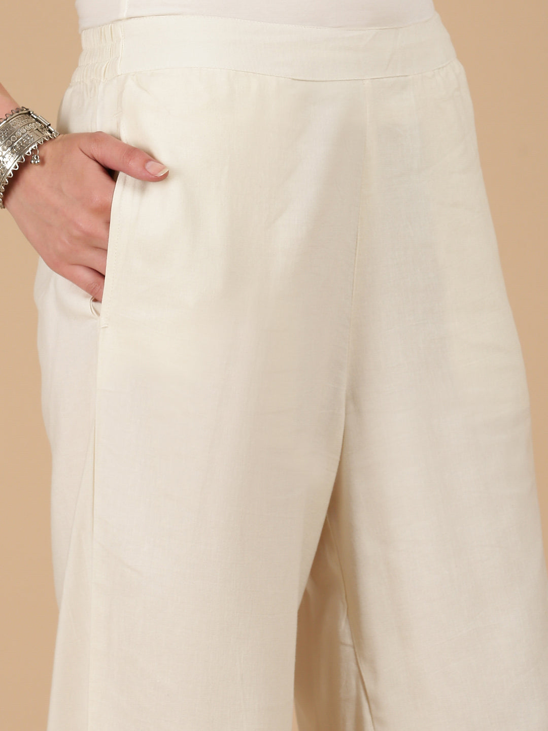 De Moza Women Woven Rayon Regular Fit Palazzo with Functional Pockets Natural