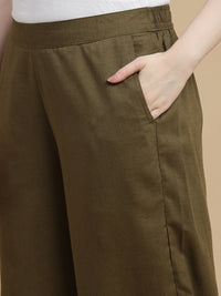 De Moza Women Viscose  Palazzo Pant with Functional Pockets Olive Green - De Moza