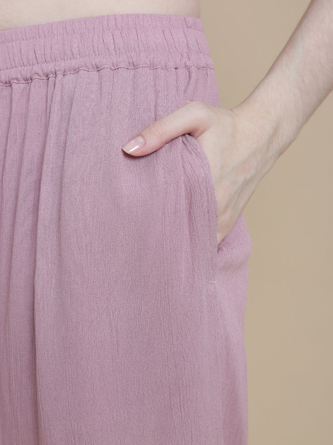 De Moza Women Woven Rayon Straight Palazzo with Functional Pockets Light Pink - De Moza