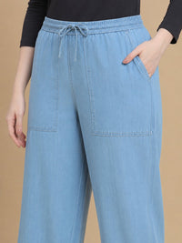 De Moza Women Woven Cotton Regular Fit Denim Jogger with Functional Pockets Light Blue - De Moza