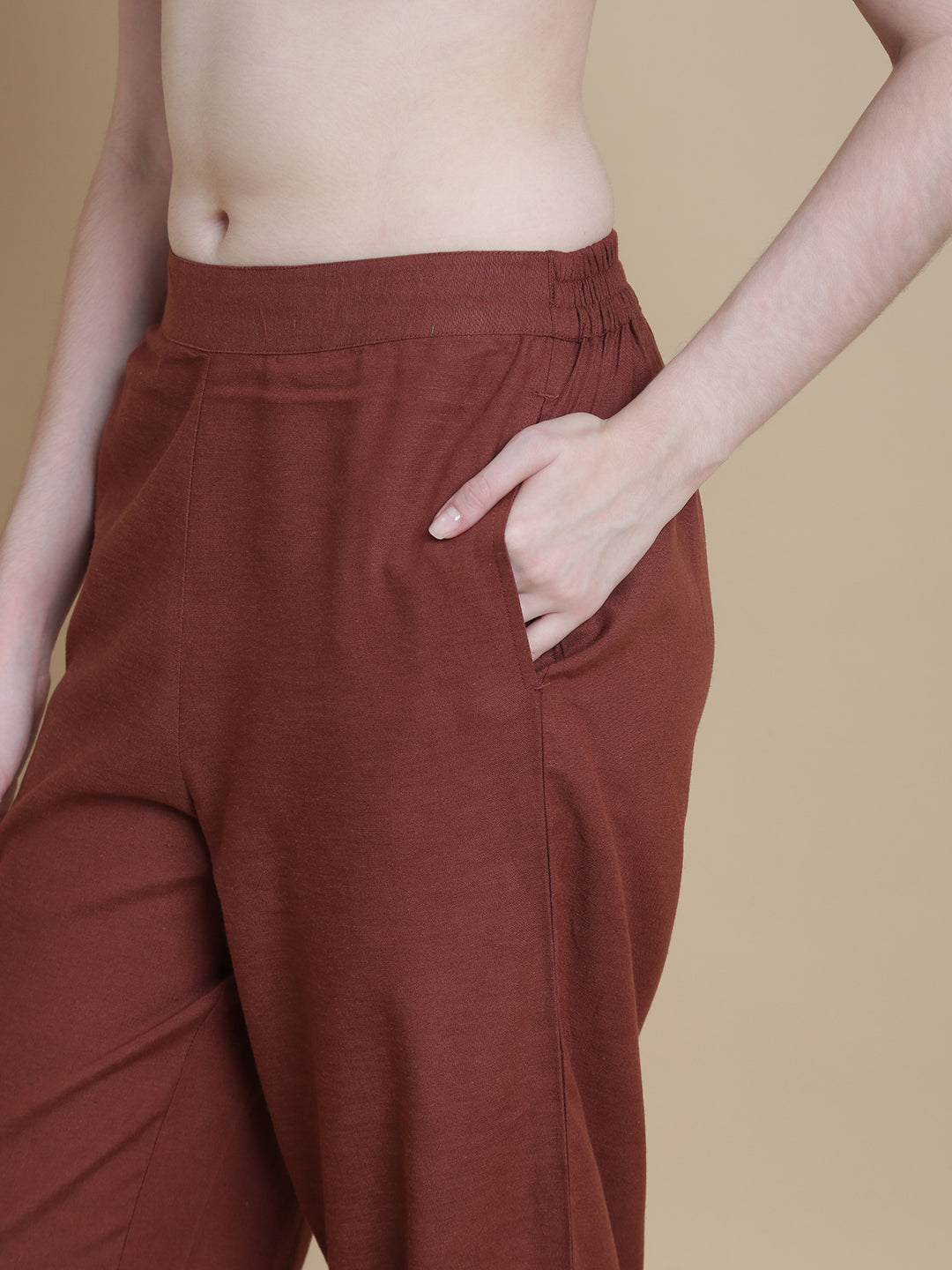 De Moza Women Woven Rayon Narrow Palazzo with Functional Pockets Brown - De Moza